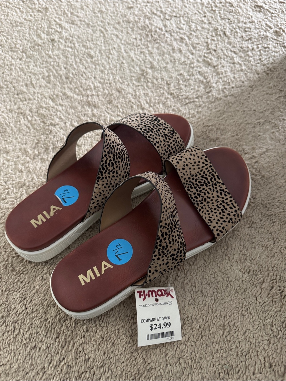 MIA Leopard Print Double Strap Slide Sandals in Tan and Black